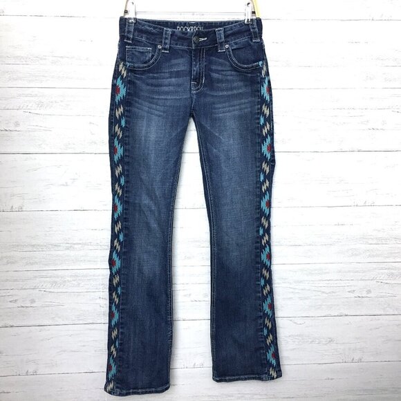 Rock & Roll Cowgirl Jeans Bootcut Mid Rise Aztec Western Leg Stripes 28 x 34 - Picture 1 of 9